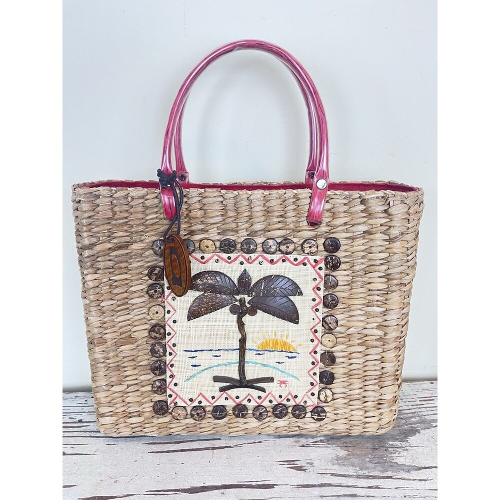 Vintage NWT August Woven Wicker Tropical Bag Palm Tree Pink Interior / Summer